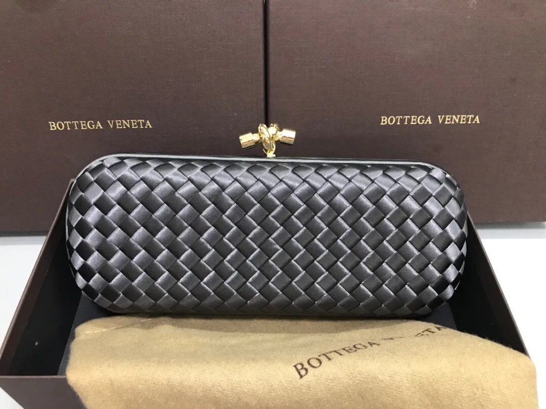 Style No. 8651, upgraded version of full silk evening bag inside and outside~~~INTRECCIATO woven IMPERO STRETCH KNOT clutch bag, hand-woven silk, smooth satin piping, Intrecciato engraved metal buckle, silk satin lining. Large size: 25cm*10cm*5cm